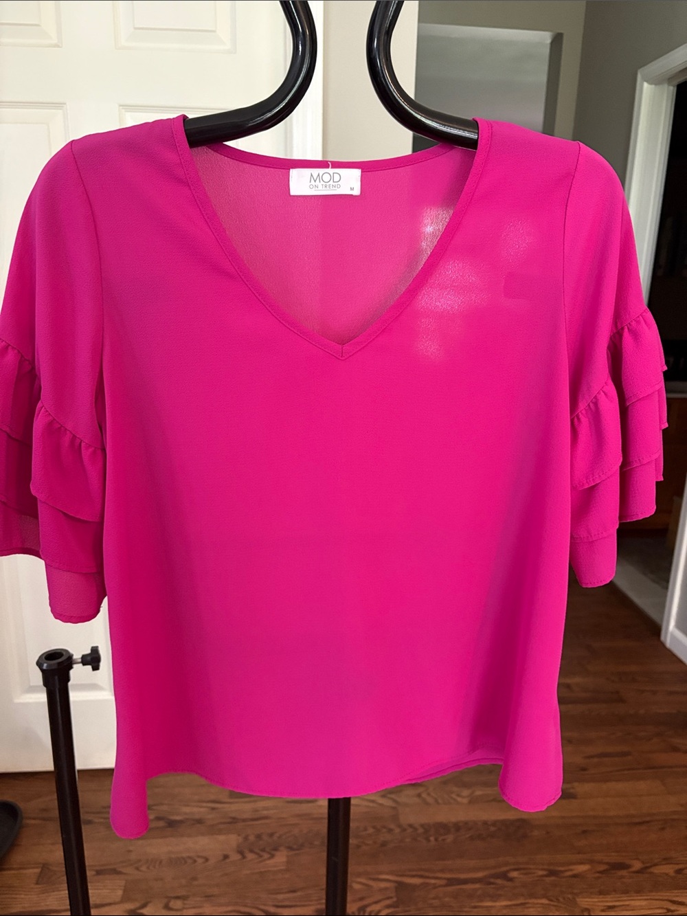 MOD by MonoPink Tiered Ruffle Sleeve V-Neck Blouse in Fuchsia